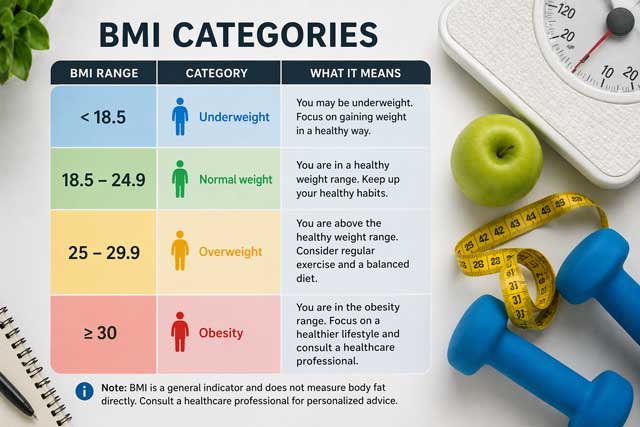 BMI weight categories chart showing underweight to obese ranges