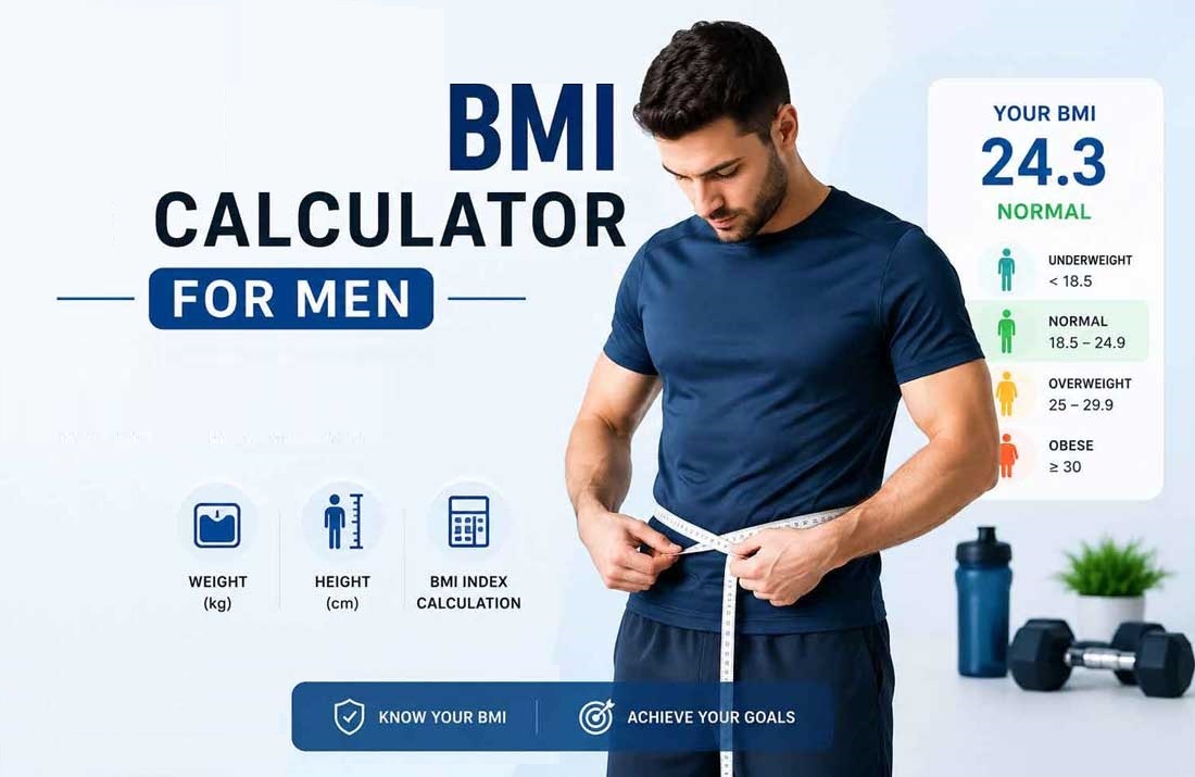 Adult man using a BMI calculator to check his body mass index